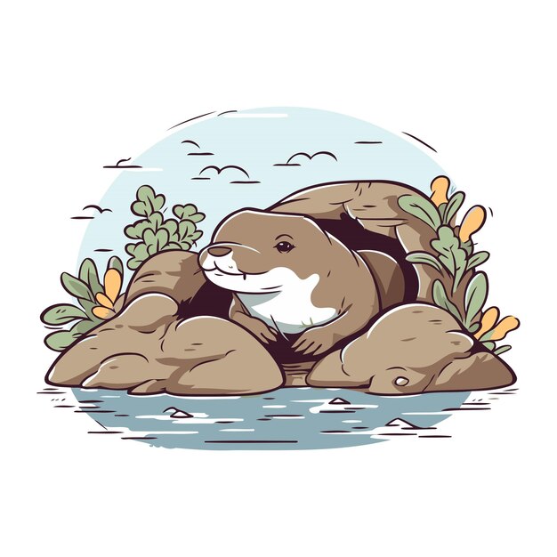 Vector cute otter sitting on a rock in the river vector illustration