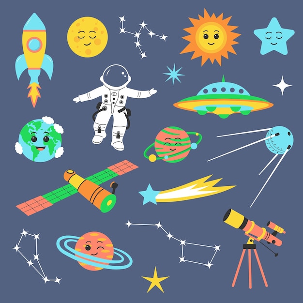 Cute outer space universe set Cosmic bundle with cartoon planets spaceship satellites astronaut