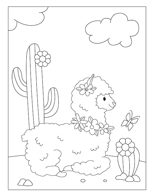 Cute outline llama coloring pages for children