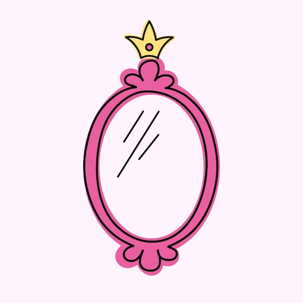 明るいピンク色のかわいい楕円形のベクトル ミラー ファンシーなビンテージ手描きのフレームの王冠と渦巻き