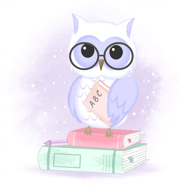 Cute owl and books hand drawn animal illustration