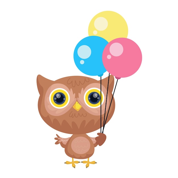 Cute owl carrying colorful balloons