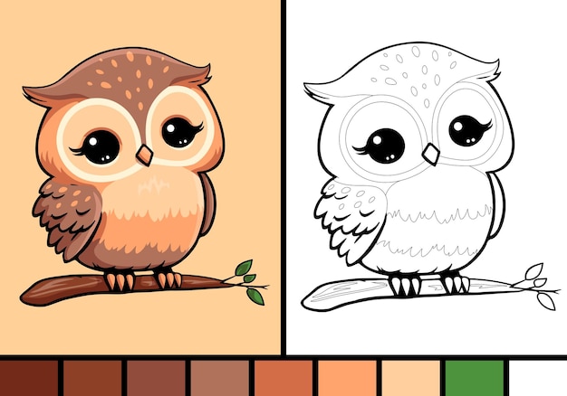 Cute owl cartoon illustration in coloring page style baby wild animal