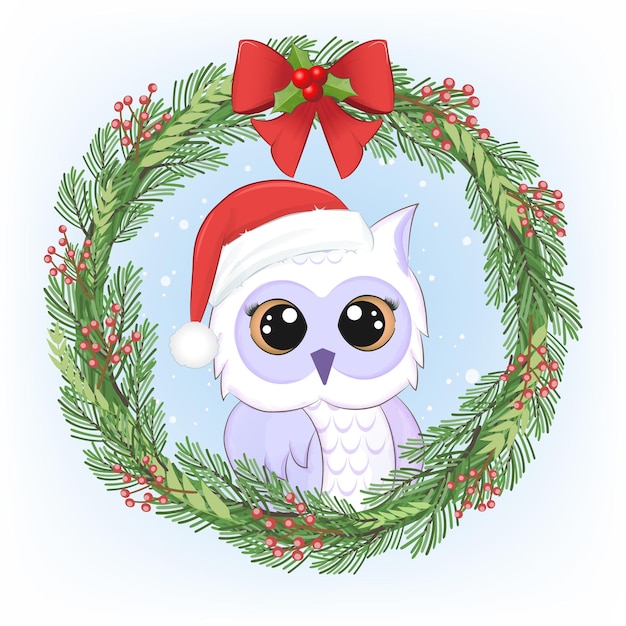 かわいいフクロウとクリスマスリースクリスマスと新年のイラスト