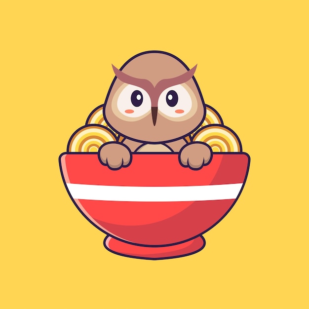 Cute owl eating ramen noodles. Animal cartoon concept isolated.