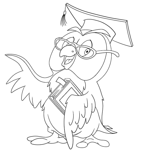 Cute owl in graduation hat. Cartoon coloring book page for kids.