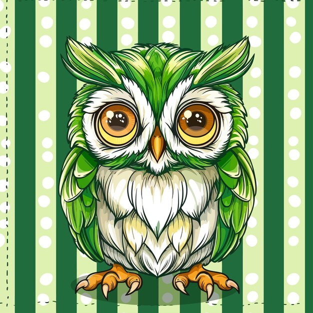 Вектор cute_owl_green_design_on_stripe_background (зеленый дизайн на полосатом фоне)