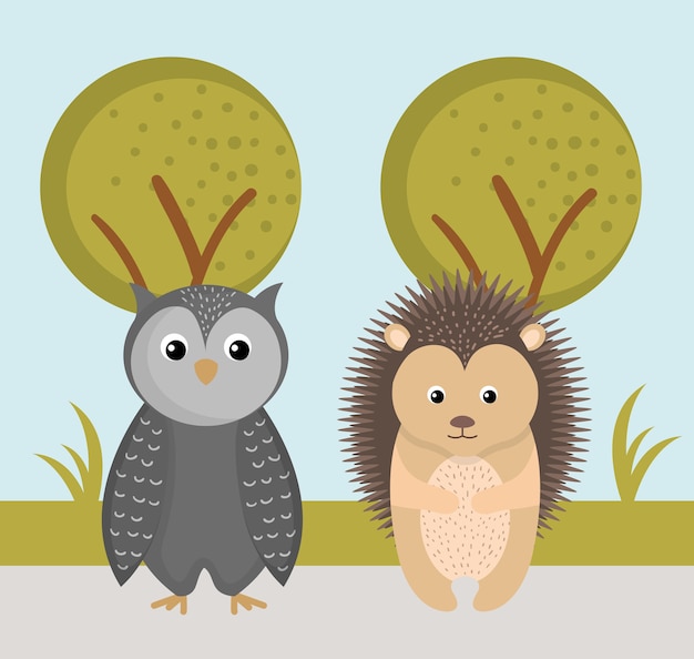 Cute owl and hedgehog wild animals forest landscape tree