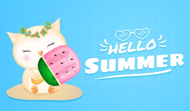 Cute owl holding big ice cream with summer greeting banner 