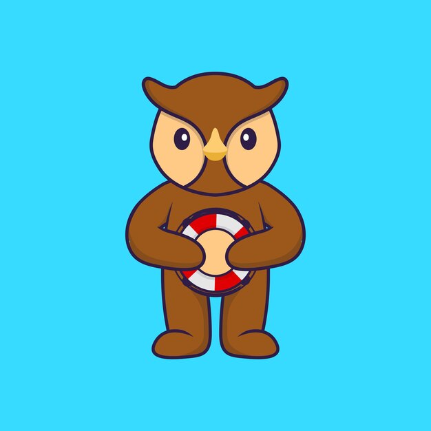 Cute owl holding a buoy. Animal cartoon concept isolated. Flat Cartoon Style