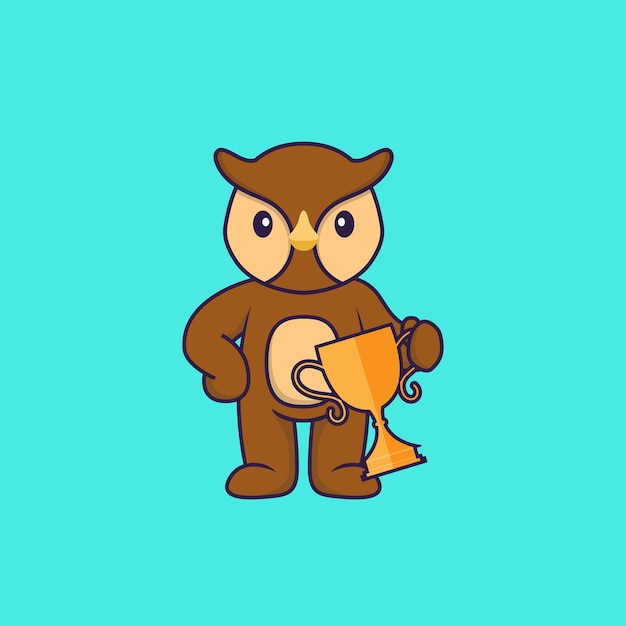 Cute owl holding gold trophy. Animal cartoon concept isolated.