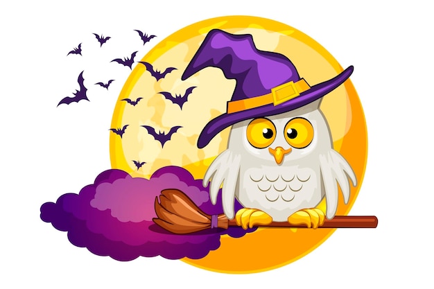 Вектор Симпатичная сова в фиолетовой шляпе ведьмы на фоне ночной луны с летучими мышами счастливый хэллоуин плакат поздравительная открытка открытка векторная иллюстрация в мультяшном стиле