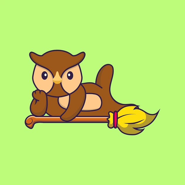 Cute owl lying on magic broom animal cartoon concept isolated