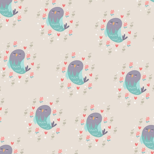 Cute owl pattern surrounded by flowers and hearts. It can be used for interior registration, fabrics