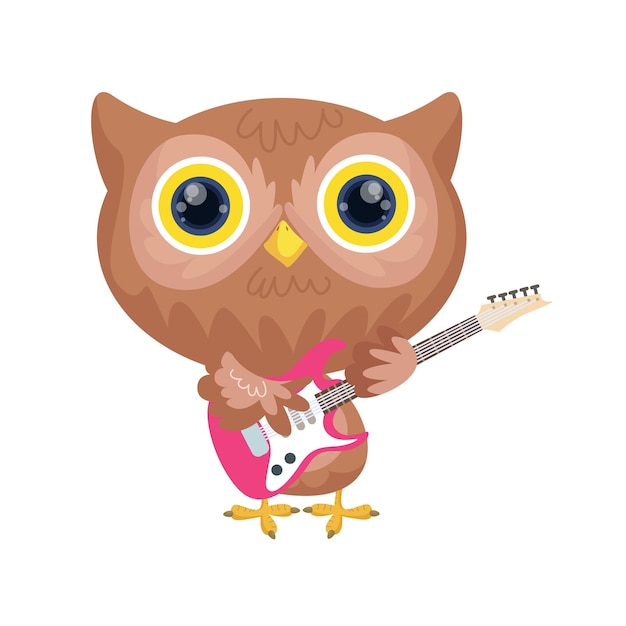 Милая сова играет на гитаре. Музыкальный дизайн. Птица играет музыку.