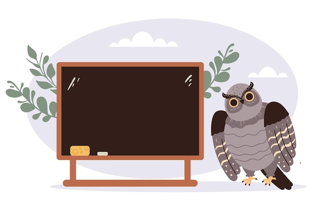 Cute owl school teacher standing near blackboard abstract isolated concept