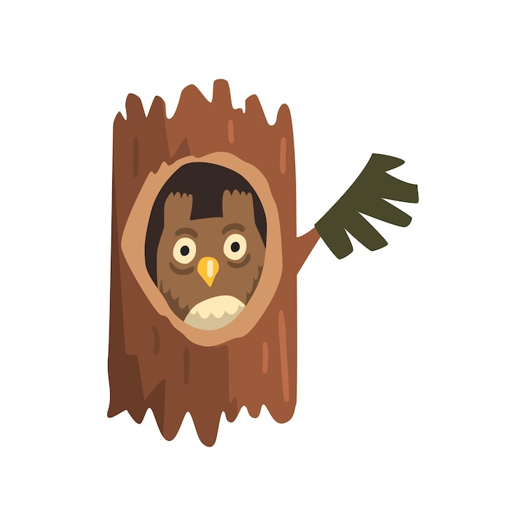 Vector cute owl sitting in hollow of tree hollowed out old tree and cute animal cartoon character inside vector illustration isolated on a white background