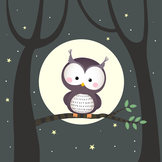 Cute owl sitting on a tree branch with moon and stars at night.