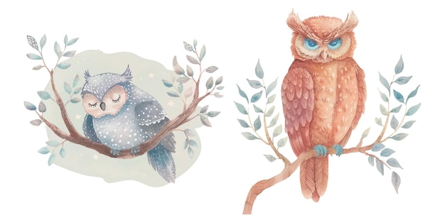 cute owl soft watercolour vector illustration