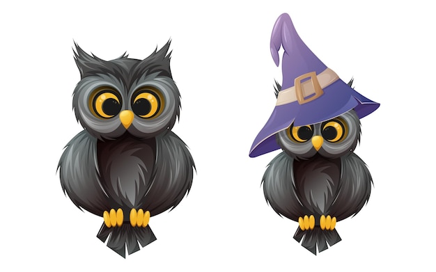 Cute owl with big eyes with and without sorcery purple hat. Symbol of wisdom and night.