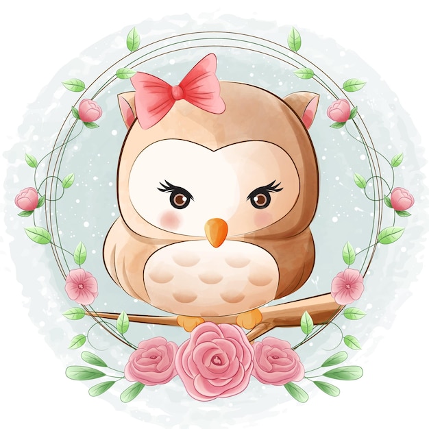 Cute owl with floral wreath