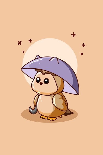 Cute owl with umbrella cartoon illustration