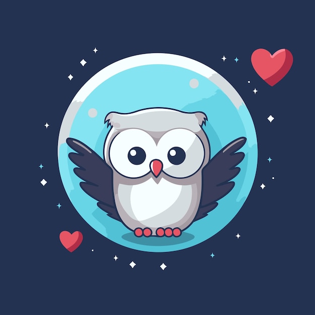 Cute owl with wings on the moon Vector illustration in cartoon style