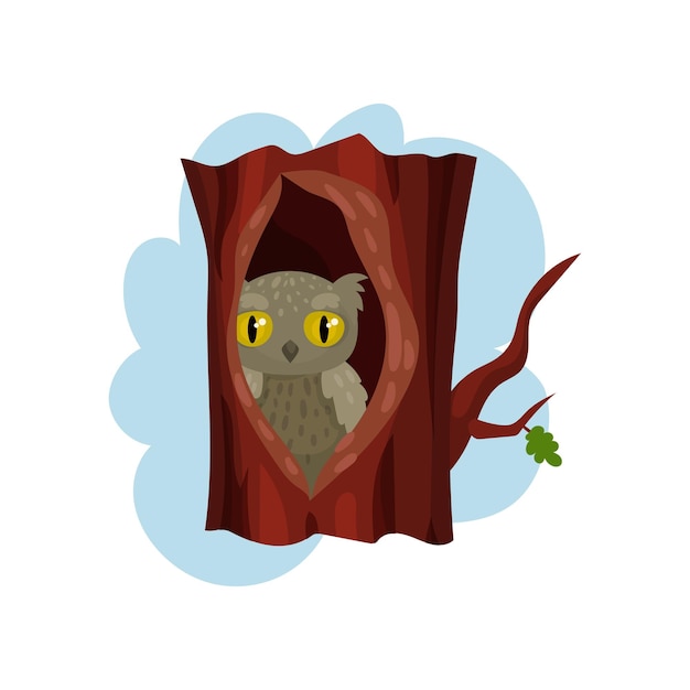 Vector cute owlet sitting in hollow of tree hollowed out old tree and owl inside vector illustration on a white background