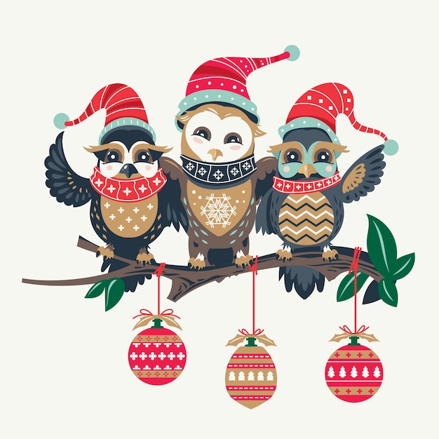 Vector cute owls christmas seasonal with bulbs background