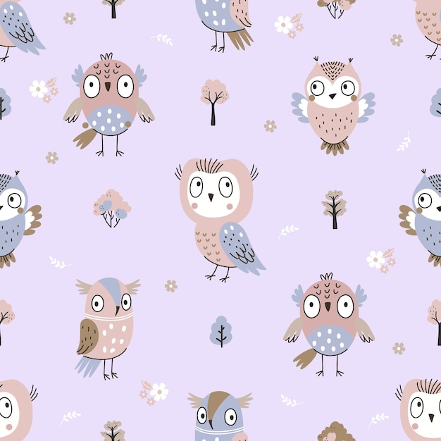 Vector cute owls seamless pattern owl background cartoon print with forest birds nursery baby fabric texture boho style woodland nowaday vector illustration character of background owl pattern