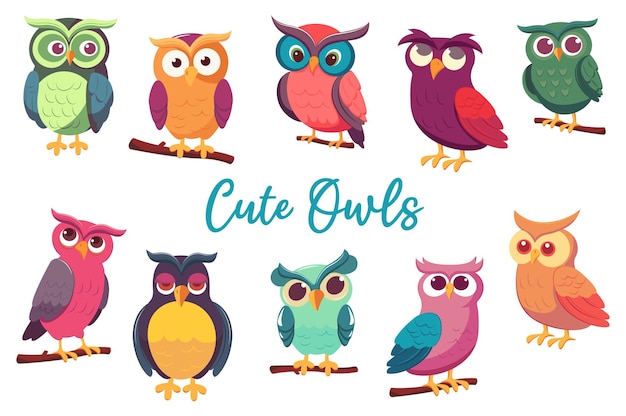 Cute owls set a flat and colorful cartoon design featuring a set of cute owls in various poses