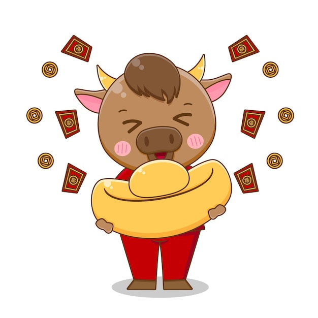 Cute ox brings gold ingot, happy chinese new year