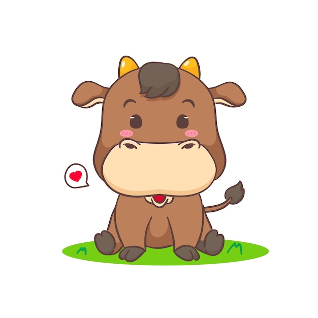 Cute Ox sitting cartoon character Adorable animal concept design Isolated white background
