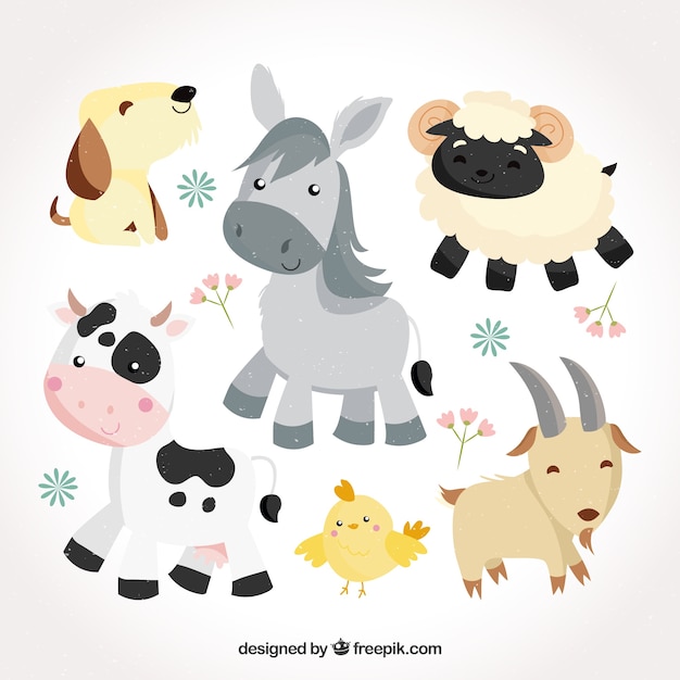 Vector cute pack of flat baby animals