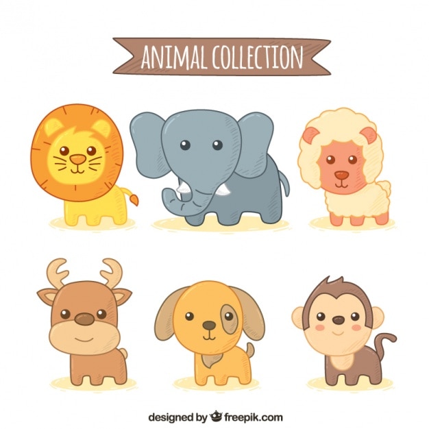 Cute pack with six hand-drawn animals