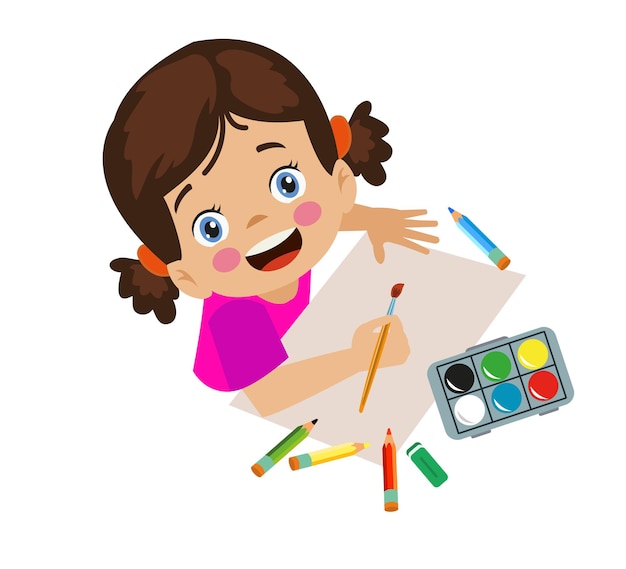 Vector cute painter boy and girl squeezing oil paint