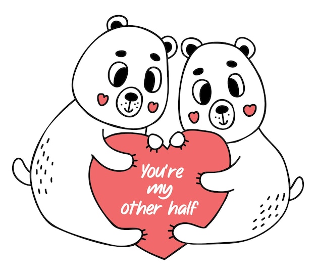 Cute pair of love teddy bears with big heart Valentines card Youre my other half
