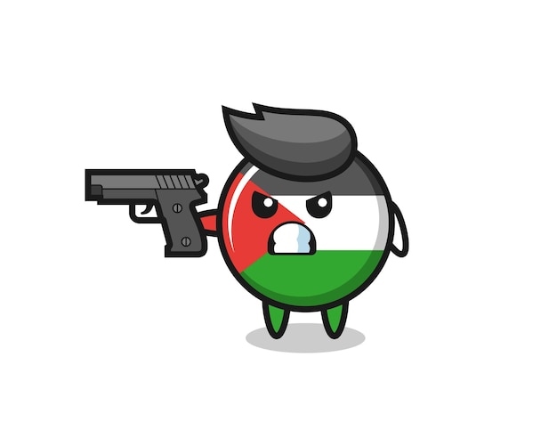 Vettore il simpatico personaggio distintivo della bandiera della palestina spara con una pistola