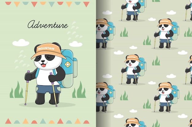 Симпатичные панды приключения пешие прогулки бесшовные модели и набор карт