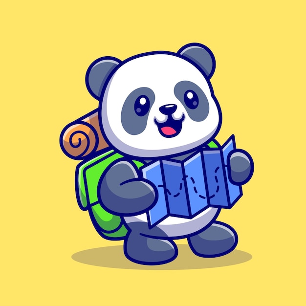 Vector cute panda backpacker reading map cartoon vector icon illustration animal nature icon isolated