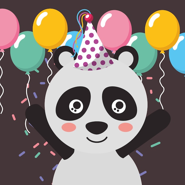 Vettore carino panda palloncini coriandoli buon compleanno biglietto di auguri