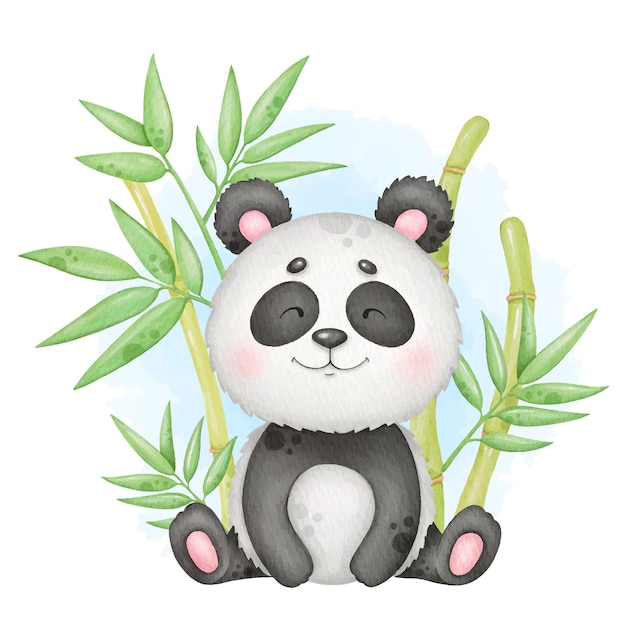 Vector cute panda and bamboo children illustration isolated