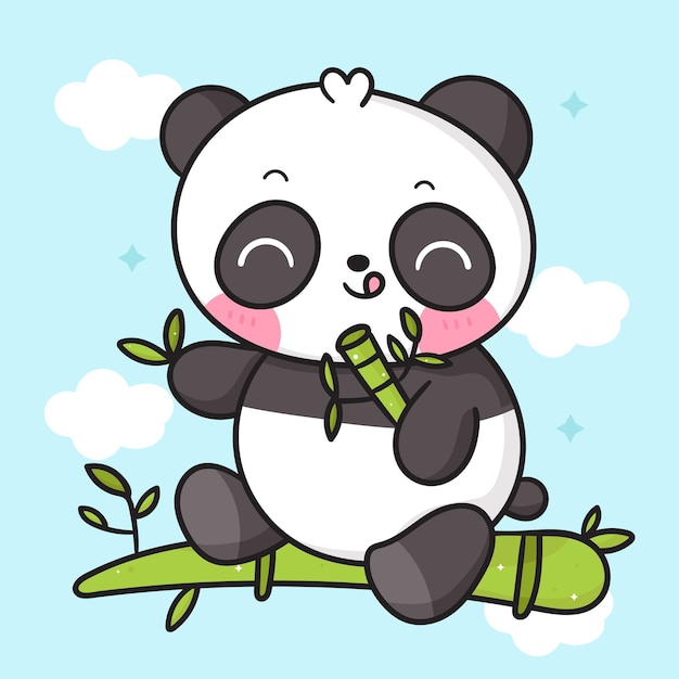 Vector cute panda bear cartoon eating bamboo kawaii animal