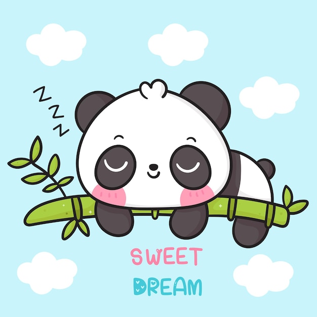 Simpatico cartone animato orso panda dormire su un animale di bambù buona notte kawaii