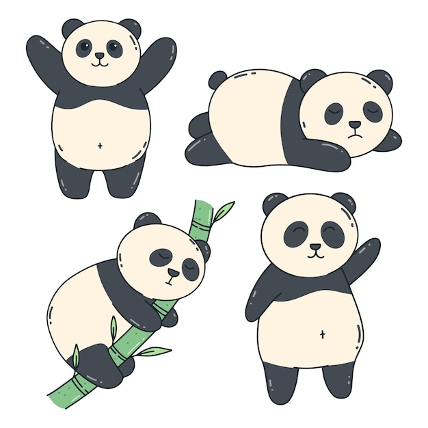 벡터 다양한 표정과 자세를 가진 낙서 스타일의 귀여운 팬더가 있는 귀여운 팬더 곰 컬렉션