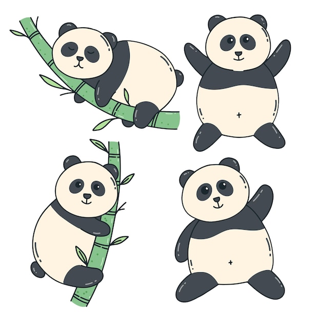 Симпатичная коллекция медведей панды в стиле каракулей Kawaii panda с различным выражением лица и позициями
