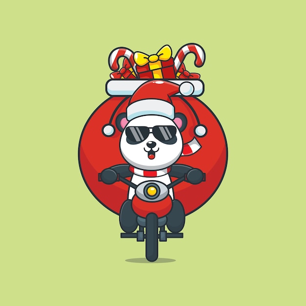 バイクに乗ってクリスマスの日にかわいいパンダのクマかわいいクリスマス漫画イラスト