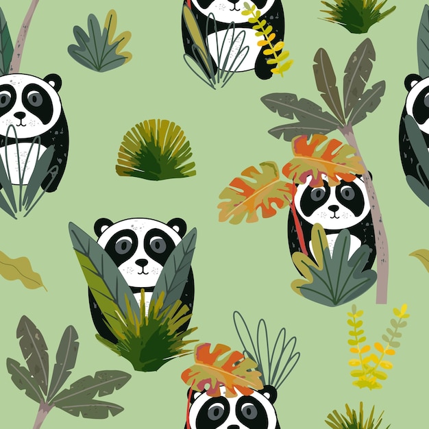 Cute panda bear in greenery forest seamless pattern