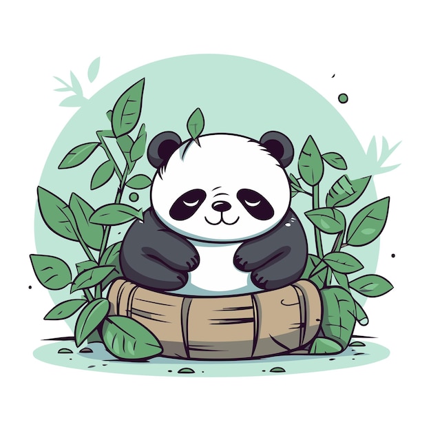 Simpatico orso panda seduto in un cesto di bambù illustrazione vettoriale