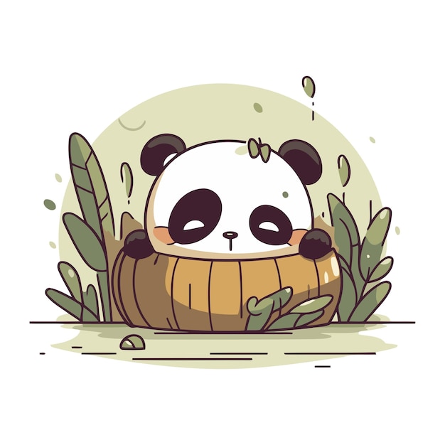 Vector cute panda bear sitting on a wooden stump vector illustration